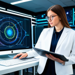 A highly professional female physicist or engineer, dressed in a modest dark business suit with a crisp white blouse, fully clothed, appropriate attire, stands confidently in a brightly lit, sterile, high-tech research laboratory. In the background, abstract holographic projections subtly illustrate complex circuit diagrams and dynamic energy flow, representing the foundational physics principles behind modern electronics. A sleek, modern laptop rests on a clean workstation. Professional studio lighting, sharp focus, vibrant colors, highly detailed, realistic photography, perfect anatomy, correct proportions, natural pose, well-formed hands, proper finger count, natural body proportions, safe for work, appropriate content, fully clothed, professional dress, family-friendly.