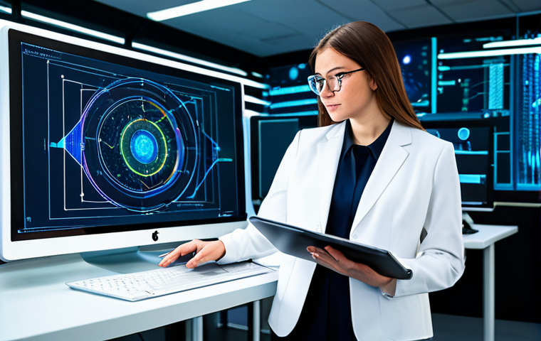 A highly professional female physicist or engineer, dressed in a modest dark business suit with a crisp white blouse, fully clothed, appropriate attire, stands confidently in a brightly lit, sterile, high-tech research laboratory. In the background, abstract holographic projections subtly illustrate complex circuit diagrams and dynamic energy flow, representing the foundational physics principles behind modern electronics. A sleek, modern laptop rests on a clean workstation. Professional studio lighting, sharp focus, vibrant colors, highly detailed, realistic photography, perfect anatomy, correct proportions, natural pose, well-formed hands, proper finger count, natural body proportions, safe for work, appropriate content, fully clothed, professional dress, family-friendly.