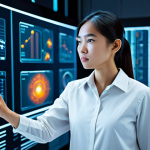 A young Vietnamese female data scientist, fully clothed in a modest professional blouse and smart trousers, deeply focused on a complex algorithm displayed on multiple holographic screens in a futuristic, clean data center. Her expression is one of intelligent concentration, symbolizing the power of physics in AI and data science. The background features abstract, glowing data streams and network connections. Professional studio lighting, high-resolution, cinematic, ultra-detailed, sharp focus, perfect anatomy, correct proportions, natural pose, well-formed hands, proper finger count, natural body proportions, safe for work, appropriate content, professional, family-friendly.