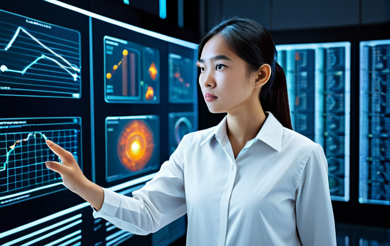 A young Vietnamese female data scientist, fully clothed in a modest professional blouse and smart trousers, deeply focused on a complex algorithm displayed on multiple holographic screens in a futuristic, clean data center. Her expression is one of intelligent concentration, symbolizing the power of physics in AI and data science. The background features abstract, glowing data streams and network connections. Professional studio lighting, high-resolution, cinematic, ultra-detailed, sharp focus, perfect anatomy, correct proportions, natural pose, well-formed hands, proper finger count, natural body proportions, safe for work, appropriate content, professional, family-friendly.
