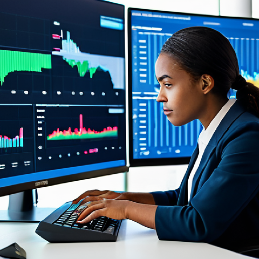 A highly focused professional woman, diverse ethnicity, working as a data scientist in a modern, brightly lit tech office. She is fully clothed in modest, smart business casual attire, a tailored blazer over a collared shirt. She is surrounded by multiple computer screens displaying complex data visualizations, charts, and code. Natural lighting from a large window in the background shows a vibrant city skyline. She is engaged in deep thought, looking at one of the screens, with a natural pose, perfect anatomy, correct proportions, well-formed hands resting near a keyboard. High-resolution, professional photography, sharp focus, vibrant colors, safe for work, appropriate content, fully clothed, professional dress.