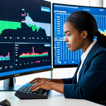A highly focused professional woman, diverse ethnicity, working as a data scientist in a modern, brightly lit tech office. She is fully clothed in modest, smart business casual attire, a tailored blazer over a collared shirt. She is surrounded by multiple computer screens displaying complex data visualizations, charts, and code. Natural lighting from a large window in the background shows a vibrant city skyline. She is engaged in deep thought, looking at one of the screens, with a natural pose, perfect anatomy, correct proportions, well-formed hands resting near a keyboard. High-resolution, professional photography, sharp focus, vibrant colors, safe for work, appropriate content, fully clothed, professional dress.