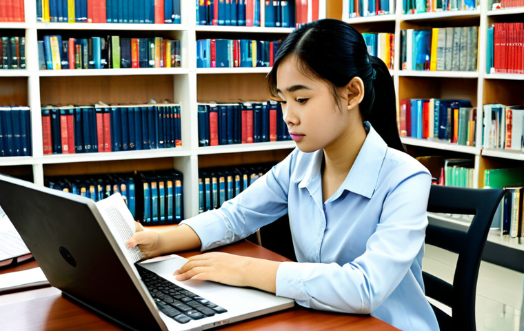 **
A young Vietnamese student, fully clothed in appropriate attire, sitting at a desk in a modern university library in Hanoi. She is surrounded by physics textbooks and research papers, diligently studying. The background features bookshelves filled with books and other students quietly working. Safe for work, professional, modest clothing, perfect anatomy, correct proportions, well-formed hands, proper finger count, natural body proportions, appropriate content, high quality.
**