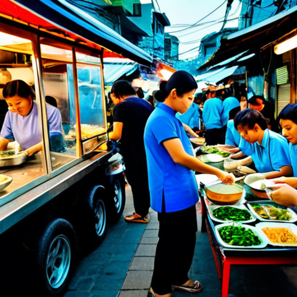 A bustling Vietnamese street food market at dusk, vendors in traditional Ao Dai serving pho and banh mi, fully clothed, appropriate attire, safe for work, perfect anatomy, natural proportions, professional food photography, high quality.
