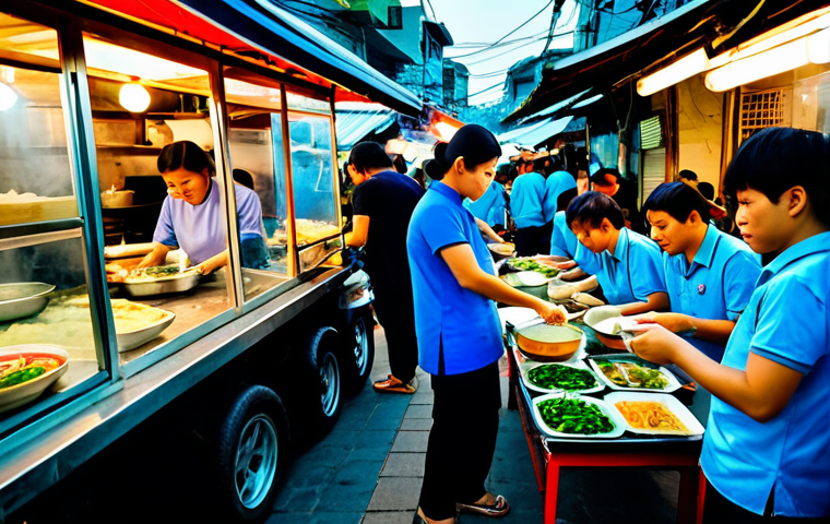 A bustling Vietnamese street food market at dusk, vendors in traditional Ao Dai serving pho and banh mi, fully clothed, appropriate attire, safe for work, perfect anatomy, natural proportions, professional food photography, high quality.