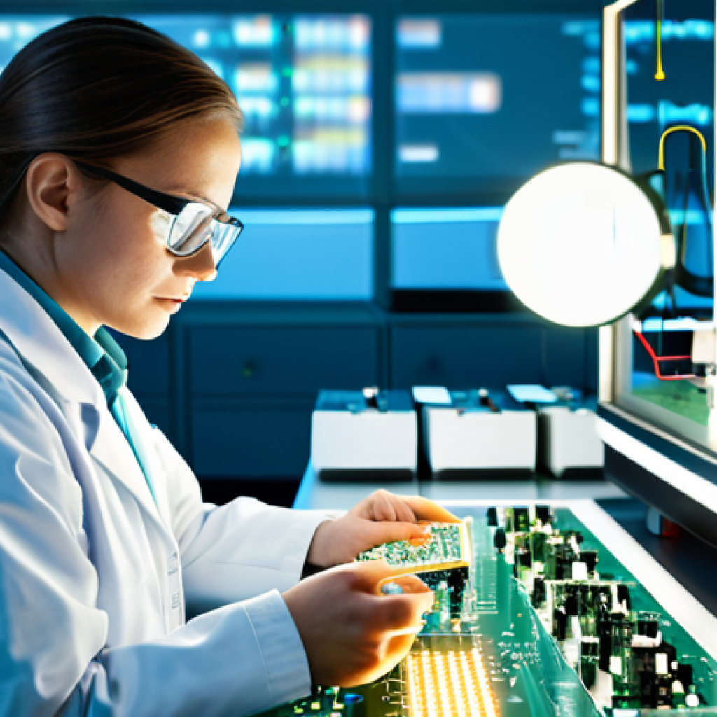 물리학과 관련된 과학 교육 - **Quantum Computing Concept:** "A bright, clean laboratory setting with scientists in lab coats exam...