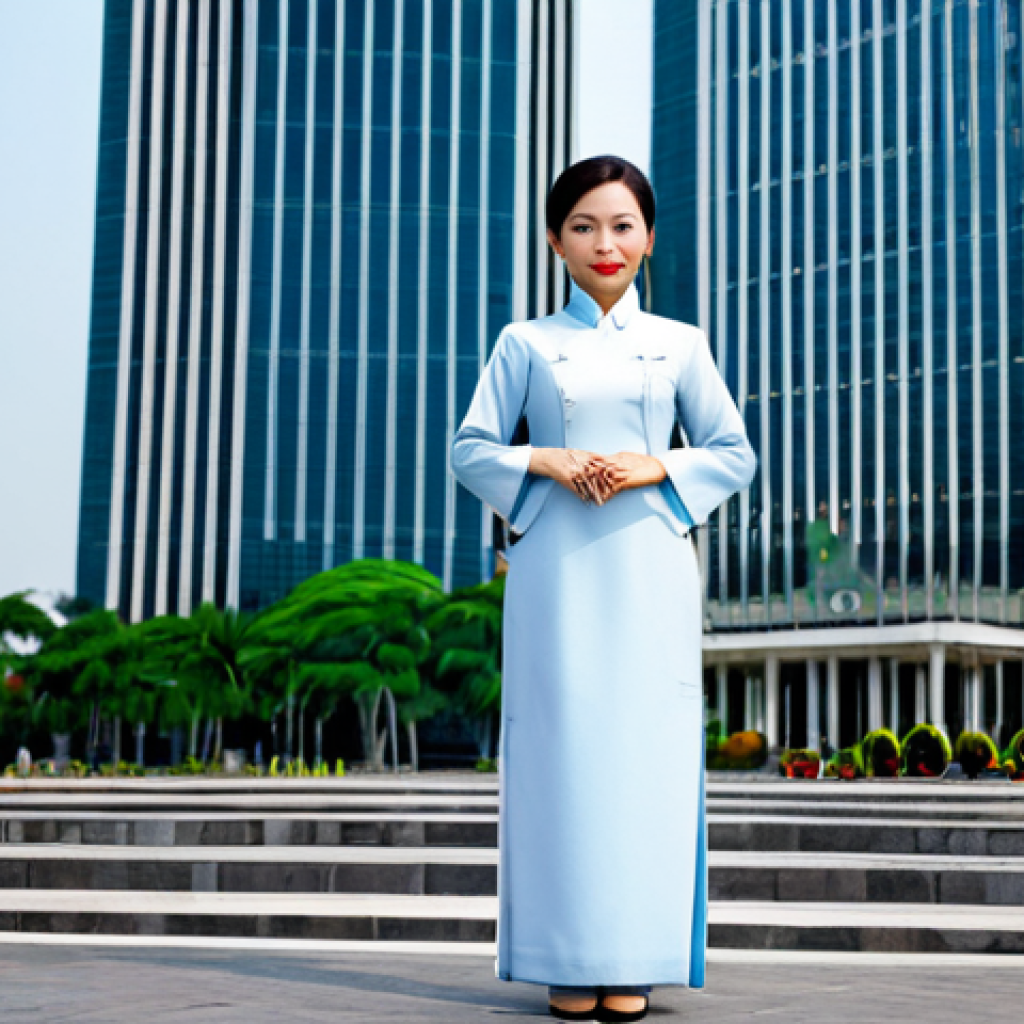 물리학 실험 보고서 작성법 - A professional businesswoman in a modest ao dai (traditional Vietnamese dress), standing in front of...