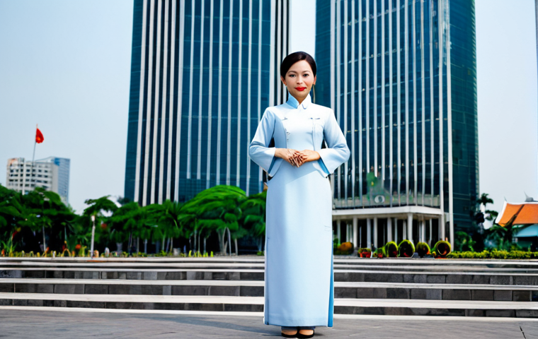물리학 실험 보고서 작성법 - A professional businesswoman in a modest ao dai (traditional Vietnamese dress), standing in front of...