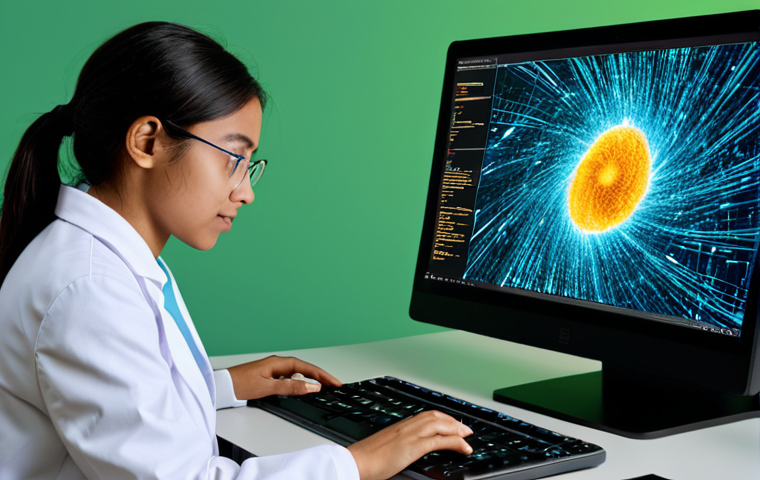 물리학 프로그래밍 언어 선택 - Python: The Golden Language for Creative Physicists**
A brightly lit, modern physics lab. In the fo...