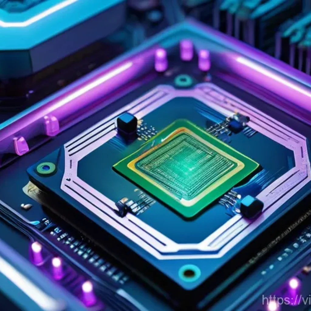 물리학과 인공지능 연구 - **Prompt:** A highly detailed, microscopic view of a futuristic AI processor chip. The chip's surfac...