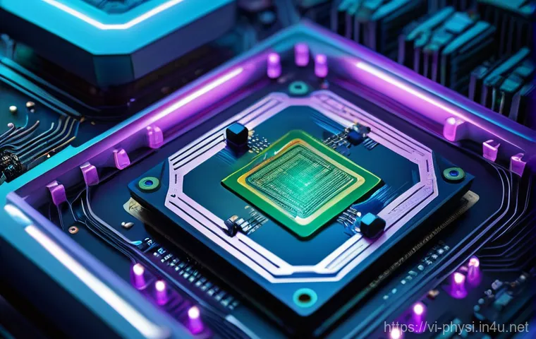 물리학과 인공지능 연구 - **Prompt:** A highly detailed, microscopic view of a futuristic AI processor chip. The chip's surfac...