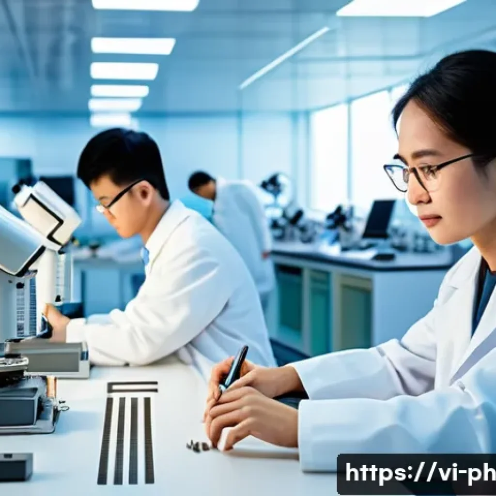 물리학자의 업무사례 분석 - A Vietnamese physicist laboratory scene focused on advanced material research for high-tech industry...