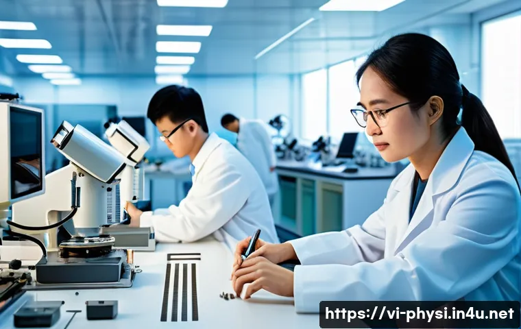 물리학자의 업무사례 분석 - A Vietnamese physicist laboratory scene focused on advanced material research for high-tech industry...
