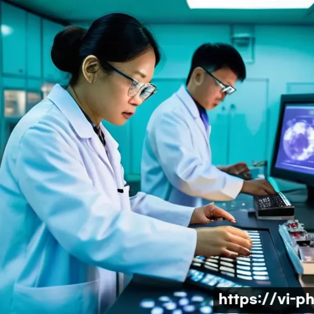물리학 이론과 실험의 융합 - A modern physics laboratory scene in Vietnam, showcasing scientists in clean lab coats and safety gl...