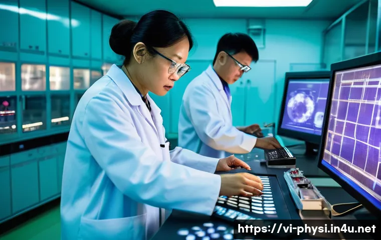 물리학 이론과 실험의 융합 - A modern physics laboratory scene in Vietnam, showcasing scientists in clean lab coats and safety gl...