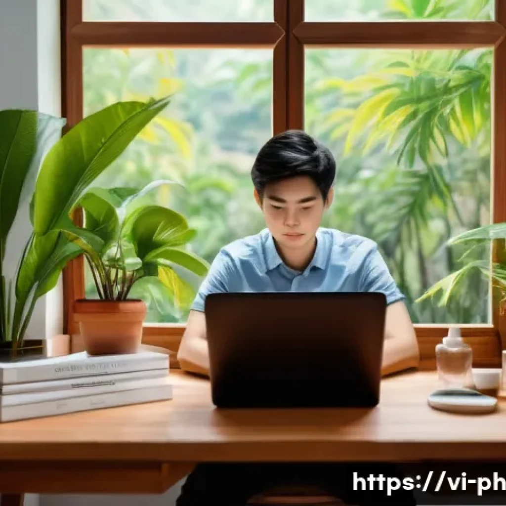물리학과 자기계발 - A serene Vietnamese home office setting with a young Vietnamese professional practicing the Pomodoro...