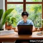 Home 21 물리학과 자기계발 - A serene Vietnamese home office setting with a young Vietnamese professional practicing the Pomodoro...