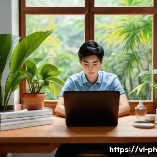 Home 33 물리학과 자기계발 - A serene Vietnamese home office setting with a young Vietnamese professional practicing the Pomodoro...