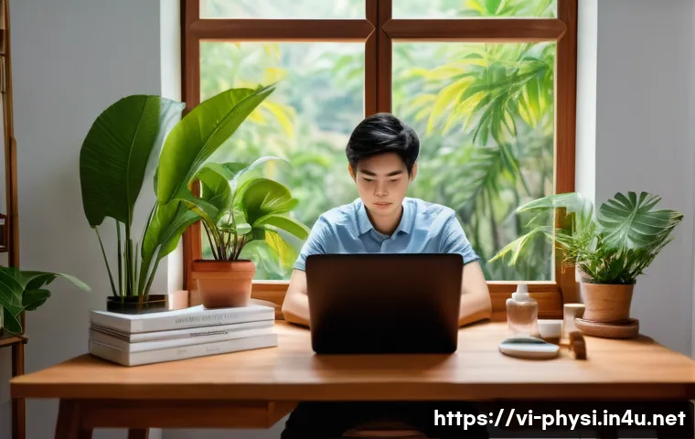 물리학과 자기계발 - A serene Vietnamese home office setting with a young Vietnamese professional practicing the Pomodoro...