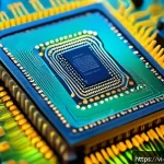 Home 19 물리학과 전기공학의 교차점 - A highly detailed close-up of a modern semiconductor transistor chip inside a microprocessor, showca...