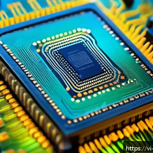Home 31 물리학과 전기공학의 교차점 - A highly detailed close-up of a modern semiconductor transistor chip inside a microprocessor, showca...