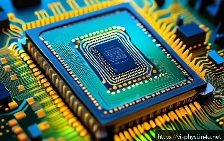 물리학과 전기공학의 교차점 - A highly detailed close-up of a modern semiconductor transistor chip inside a microprocessor, showca...